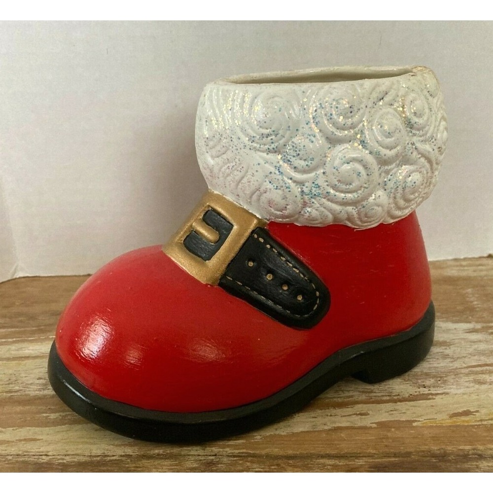 Vintage ceramic pottery planter Santa's boot red black gold glitter Christmas